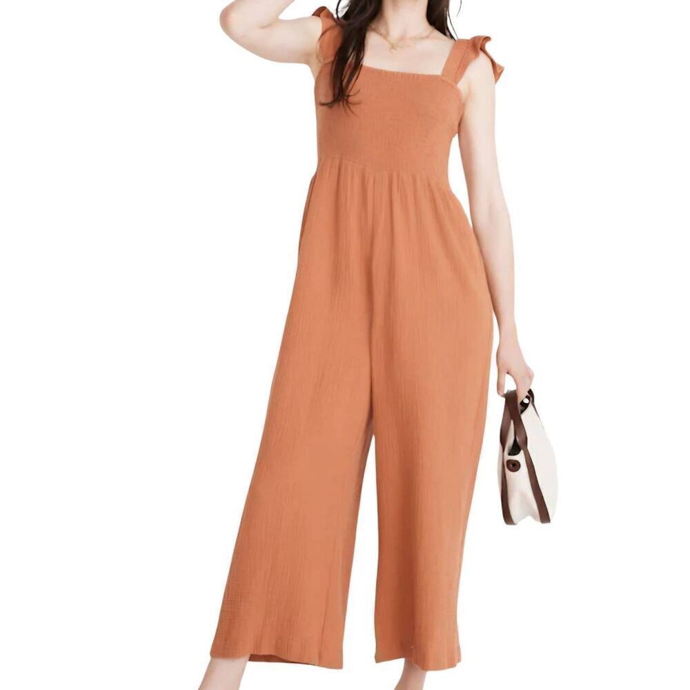Madewell Jumpsuit Women's 00 Peach Lightspun Lucie Flutter Sleeve Wide Leg